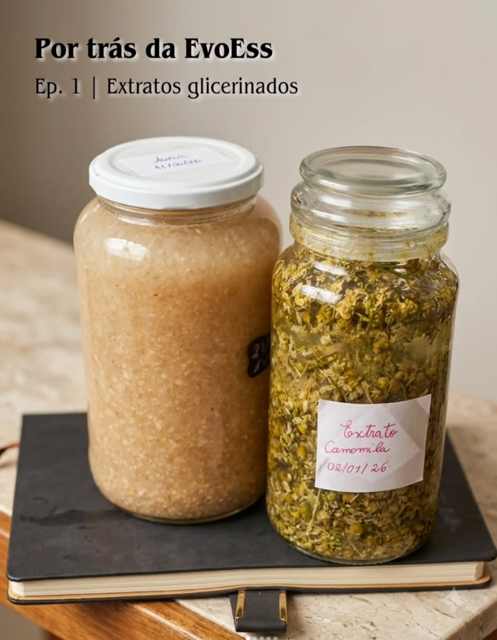 Recipientes com extratos glicerinados de camomila e outros ingredientes